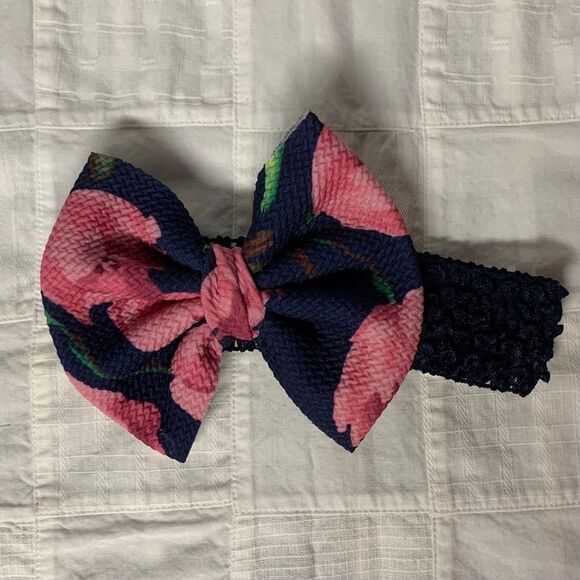 Infant Headband Navy Band Navy With Pink Floral Bow Size Newborn B302 - Picture 4 of 9